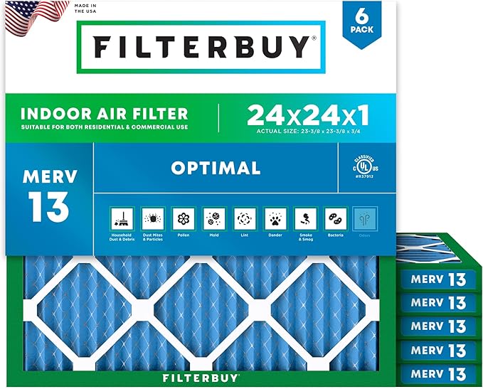 Filterbuy 24x24x1 Air Filter MERV 13 (MPR 1900) Health Defense Replacement (6-Pack), Electrostatic Pleated HVAC AC Furnace Filters, Made in USA (Actual Size: 23.38 x 23.38 x 0.75)