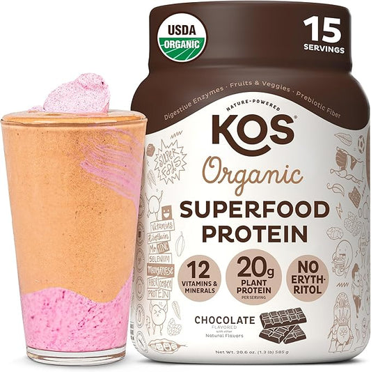 KOS Plant Based Protein Powder, Chocolate USDA Organic - Low Carb Pea Protein Blend, Vegan Superfood with Vitamins & Minerals - Keto, Soy, Dairy Free - Meal Replacement for Women & Men - 15 Servings-FlexoryFit