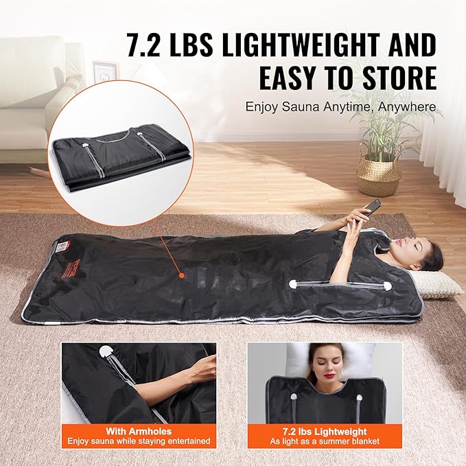 VEVOR Sauna Blanket, Portable Far Infrared Sauna for Home, Oxford Sauna Bag w/Arm Holes & Carbon Fiber Heating, 1-6 Level Adjustable Temp 95-176℉, 5-60 Minutes Timer, 71 x 31 in