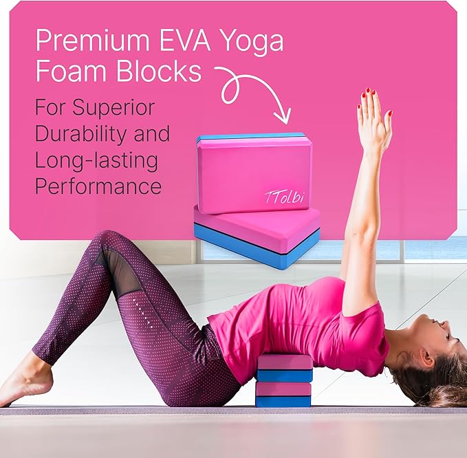 Yoga Blocks 2 Pack Set with Dance Stretch Band & Guide: Non-Slip EVA Foam Block - Ideal Stretching Equipment for Home Workouts, Pilates, Dance, Ballet, Gymnastics, Exercise - Stretch Strap Stuff Props-FlexoryFit