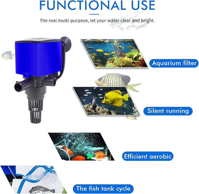 320 GPH Powerhead Submersible Pump - 3 in 1 Aquarium Fish Tank Pump with Oxygenation, Filtration & Water Cycling, 3.9 ft max lift, 20W