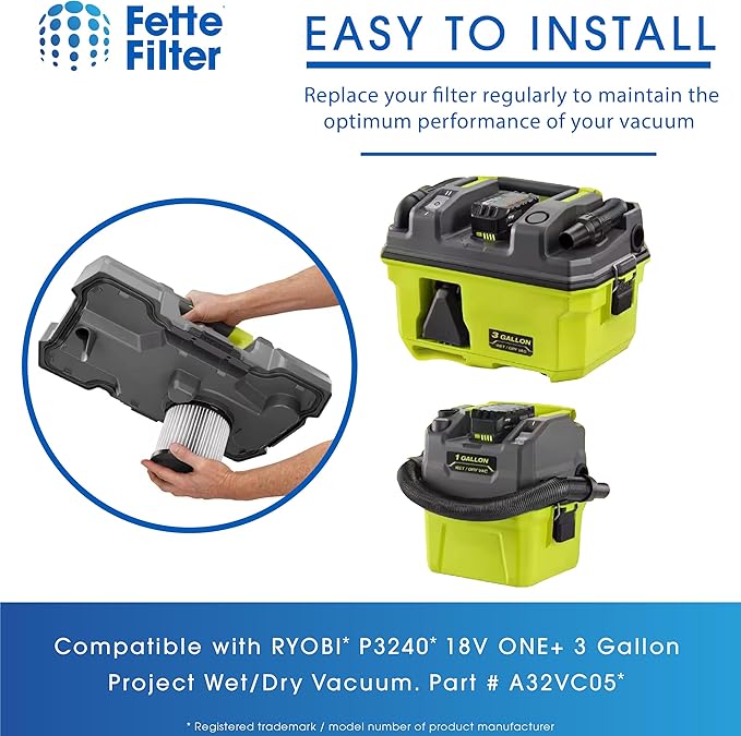 Fette Filter - A32VC05 A32RF08 Replacement Filter Compatible with RYOBI P3240 PCL733 PCL734 18V ONE+ 3 Gal. Wet/Dry Vacuums. Compatible with Hoover ONEPWR BH57105 - Pack of 4