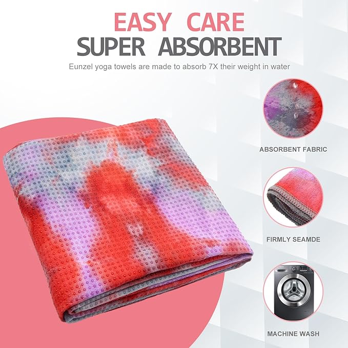 Eunzel Yoga Towel,Hot Yoga Mat Towel with Grip Dots Sweat Absorbent Non-Slip for Hot Yoga, Pilates and Workout 24" x72", Red & Gray-FlexoryFit