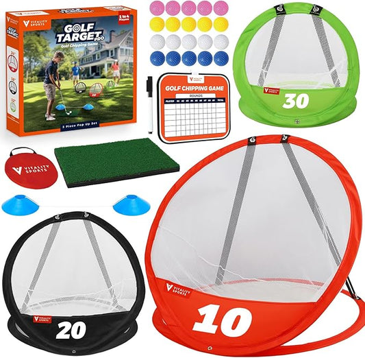 Vitality Sports Golf Chipping Net, 3PCS Pop-Up Golf Practice Net for Backyard, Indoor Outdoor Chipping Game with 3 Targets, 1 Hitting Mat, 20 Balls, Tee Box, Golf Gift for Men