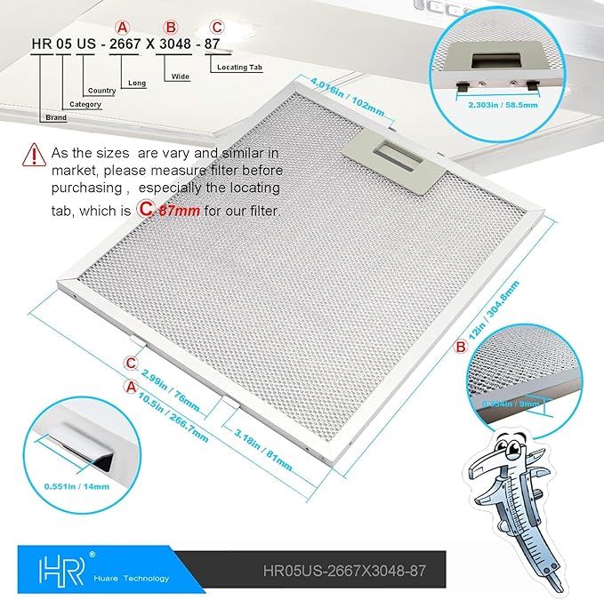 Upgraded W10169961A Range Hood Filter Replacement, Fits Whirlpool, Ikea, Kitchen Aid, Jenn Air, Aluminum Mesh Hood Grease Filter 10.5x12Inch, HR Huare Technology Aluminum Range Hood Vent Filters,2PCS
