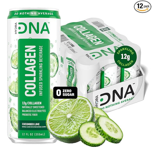 HYDRADNA- Sparkling Liquid Collagen Protein Water Drink Balanced Nutrients for Wellness - Sugar-Free - Keto-Friendly - No Gluten (12 Pack) Cucumber Lime-FlexoryFit
