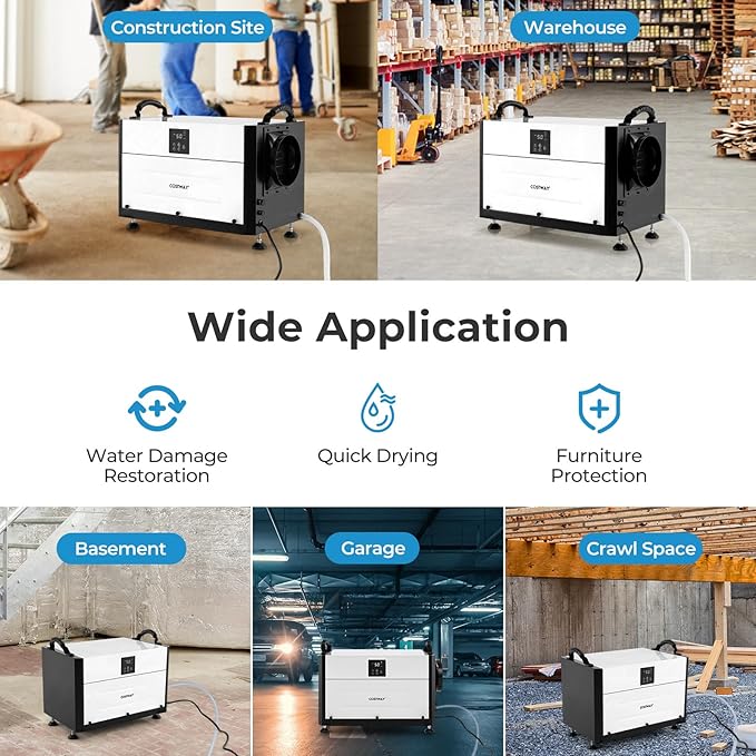 COSTWAY 192 PPD Commercial Dehumidifier, 2600 Sq.Ft Crawl Space Dehumidifier with 9.8 FT Drain Hose & Wired Remote Control Panel, Ideal for Basement, Warehouse, Job Site (White)