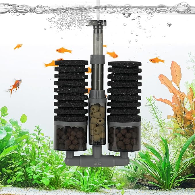 AQQA Aquarium Filter, Dual Sponge Fish Tank Filters（No Pump, Multi-Stage Filtration Clean Water, Adjustable 360°Water Outlet, Air-Driven Dissolved Oxygen,Suitable for Freshwater and Saltwater M