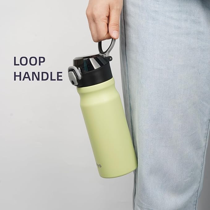 Insulated Water Bottle with Straw and Carry Loop,18 oz Stainless Steel Double Wall Vaccum Metal Water Flask with Leak-proof Lid,Macaron Green-FlexoryFit