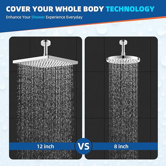 Hibbent Thickness Metal Rain Shower Head, 12 Inch High Pressure Shower Heads, Square Large Bathroom Rainfall Shower Head with Adjustable Brass Ball Joint, Waterfall Full Body Coverage, Chrome