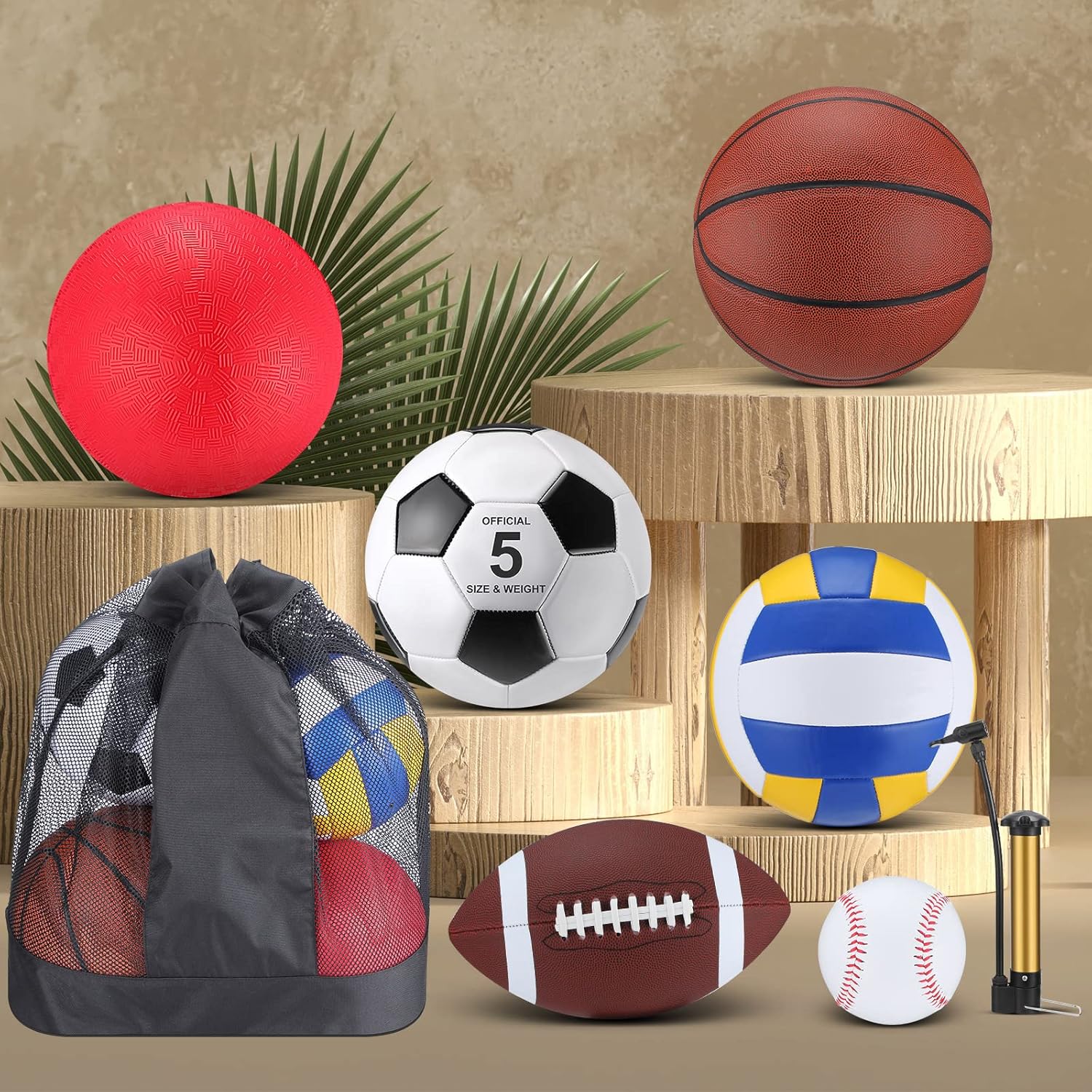 Leyndo 18 Pcs Sport Balls Bulk Set Basketball Football Volleyball Soccer Playground Baseball with Sport Equipment Bag Pump for Youth Adults Outdoor Indoor Practice Gift Back to School