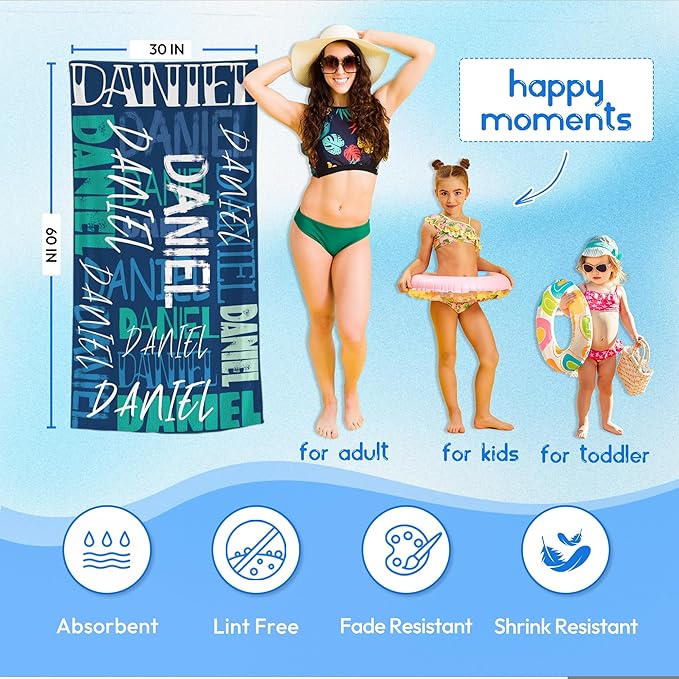 JML Personalized Beach Towel with Name, Custom Beach Towel with Name, Customized Microfiber Pool Towel, Quick Dry & Absorbent Swim Towel for Adult,Anniversary, Birthday, Summer Holiday,Vacation-FlexoryFit