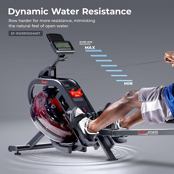 Sunny Health & Fitness Flip & Foldable Rowing Machine for Home w/Extended Slide Rail, Full-Body Workout, Low-Impact, Optional Extra Long Rail, Quiet Rail Cover, Water Motion and Free SunnyFit App-FlexoryFit