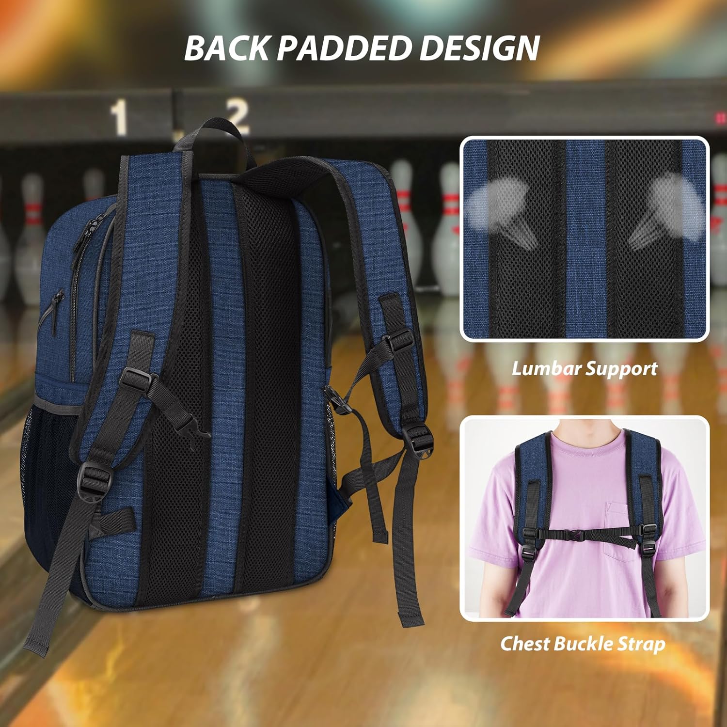 Bosynoy Bowling Backpack, Bowling Ball Bag Totes for Single Ball with Shoe Compartment & Foam Padded, Fits Shoes Up to US Mens Size 16, Grey
