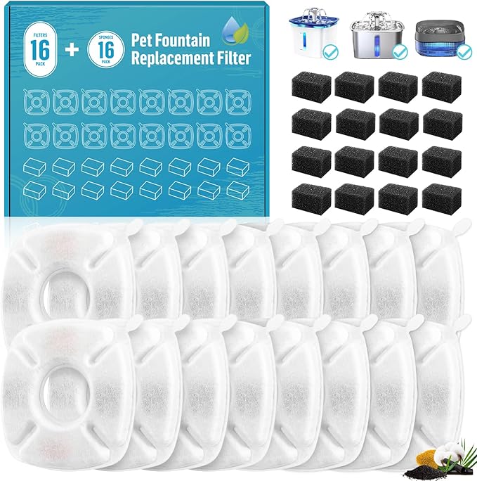 Cat Water Fountain Replacement Filter 32 Packs,16 Pack Filters & 16 Pack Pre-Filter Sponges Set for Pet Dispensers, Keeps Water Clean & Fresh, Compatible with Veken 95oz/67oz/135oz Dog Dispensers