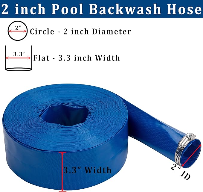 2 in x 100 ft Pool Backwash Hose Heavy Duty Drain Discharge Double PVC Lay flat General Purpose Vinyl Hose, Burst Resistant for Water Transfer Sump Pump Pool Filter (2in 100ft fiber reinforced hose)