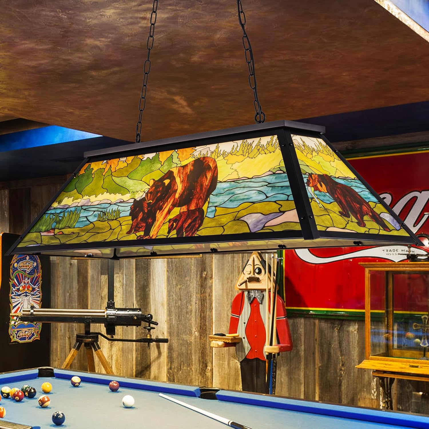 Wellmet Tiffany Pool Table Light, Billiards Chandelier Pendant Light, 4-Lights Rustic Pendant Light, for Kitchen Island, Snooker Table, Party Men's Cave, Game Room