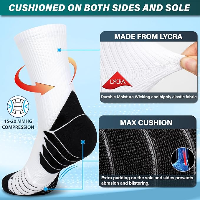 Hylaea Compression Running Socks for men, Coolmax Anti-Blister Cushion Crew Socks for Athletic, Moisture Wicking & Seamless-FlexoryFit