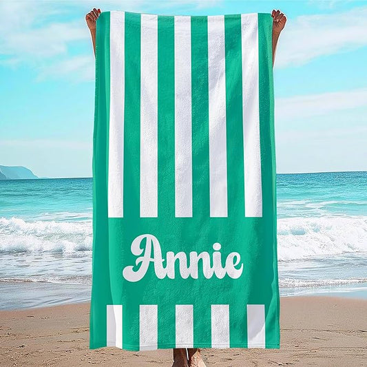 JML Personalized Beach Towel with Name, Custom Cabana Stripe Beach Towel, Customized Microfiber Pool Towel, Quick Dry & Absorbent Swim Towel for Adult,Mother's Day, Birthday, Summer Holiday,Vacation-FlexoryFit