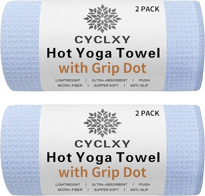 2 Pack Hot Yoga Towel with Grip Dot，Stickyfiber Yoga Mat Towels Non Slip for Hot Yoga,Absorbent Microfiber Sweat Anti-Slip Cover,Bikram,Pilates,Exercise,Fitness-FlexoryFit