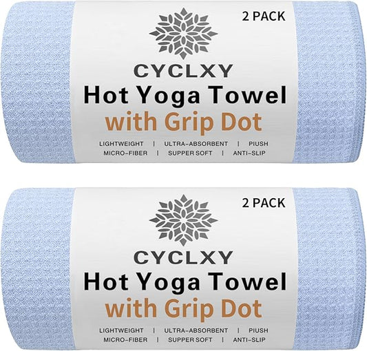 2 Pack Hot Yoga Towel with Grip Dot，Stickyfiber Yoga Mat Towels Non Slip for Hot Yoga,Absorbent Microfiber Sweat Anti-Slip Cover,Bikram,Pilates,Exercise,Fitness-FlexoryFit