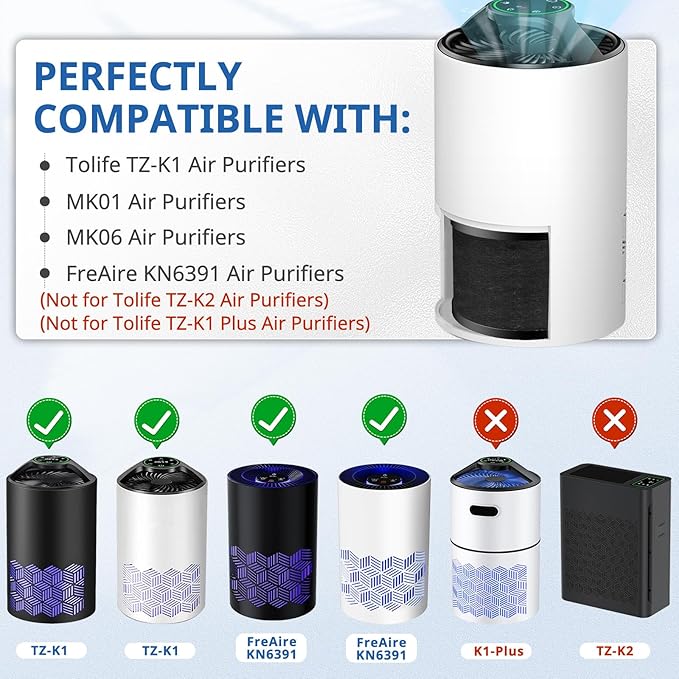 3 Pack TZ-K1 Replacement Filter Compatible with ToLife TZ-K1 Air Puri-fier, FreAire KN6391 and MK01 MK06 Air Purifiers, Efficienct 3-in-1 Filter, Activated Carbon and Pre-filter, 360° Rotating Filters
