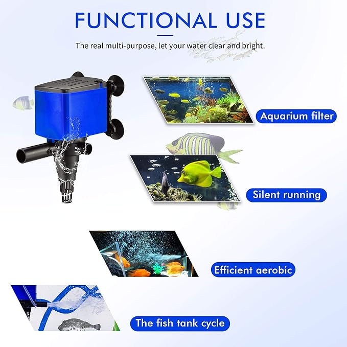 660 GPH Powerhead Submersible Pump - 3 in 1 Aquarium Fish Tank Pump with Oxygenation, Filtration & Water Cycling, 6.6 ft max lift, 35W