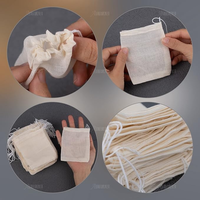 AUEAR, 50 Pack Reusable Drawstring Cotton Soup Bags Spice 3 x 4 Inch Tea Filter Coffee Brew Herb Muslin Cheesecloth for Straining