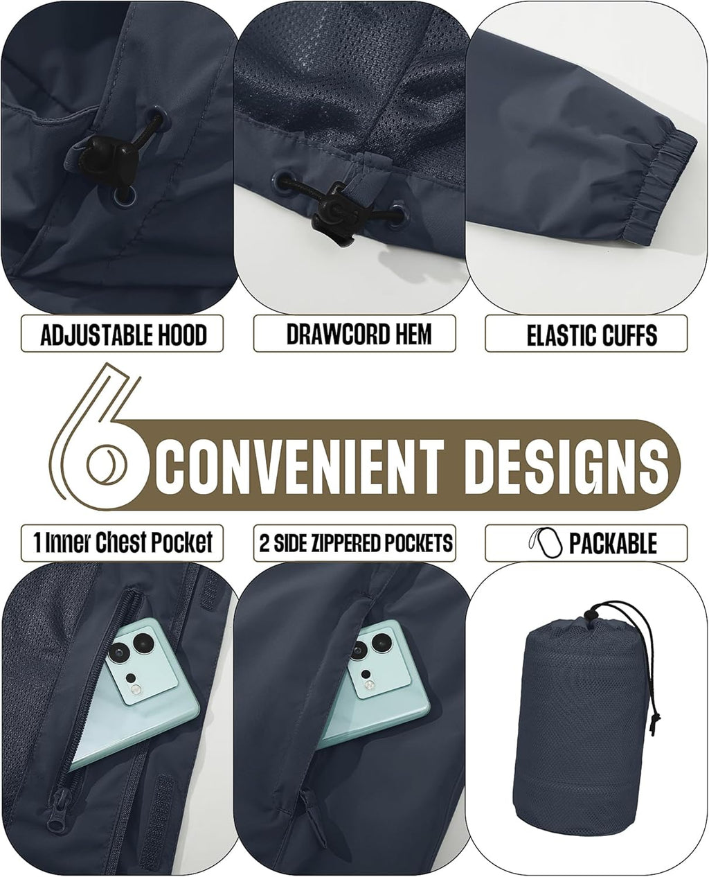 33,000ft Men's Packable Rain Jacket Waterproof Lightweight Raincoat Rain Shell with Hood for Outdoor Hiking Golf Travel