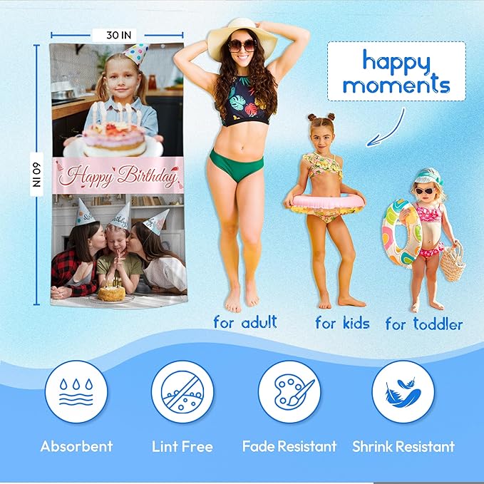 JML Birthday Gifts for Mom Dad Daughter Son, Personalized Beach Towel with Photo Text, Custom Beach Towel Gift for Mother's Day, Anniversary, Family Day, Summer Holiday, Vacation-FlexoryFit