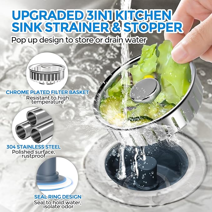 zaa Kitchen Sink Drain Strainer - Kitchen Sink Stopper,Stainless Steel Kitchen Drain Plug & Sink Installation Parts with Anti-Clogging Basket, Fit US Standard 3-1/2'' Sink Drain Hole