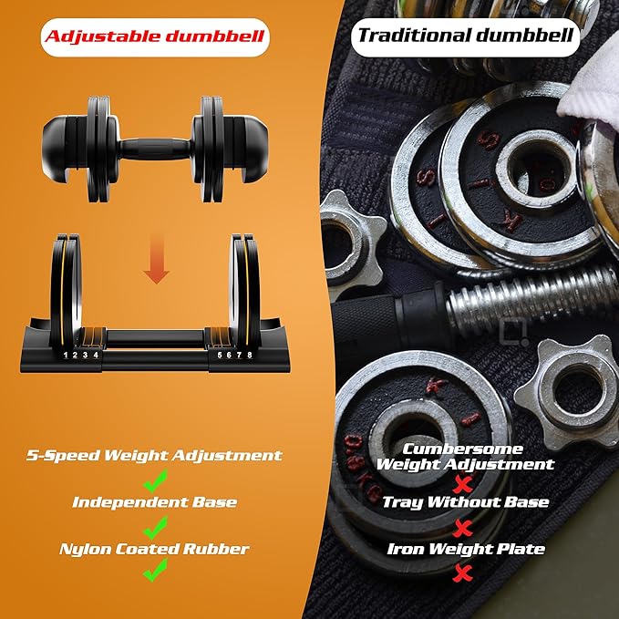 Adjustable Dumbbell,22LBS 44LBS 52LBS Dumbbell Set with Tray for Fitness, Fast Adjust Weight by Turning Anti-Slip Handle, Safety with 8 Lock Slots, Suitable for Men and Women-FlexoryFit