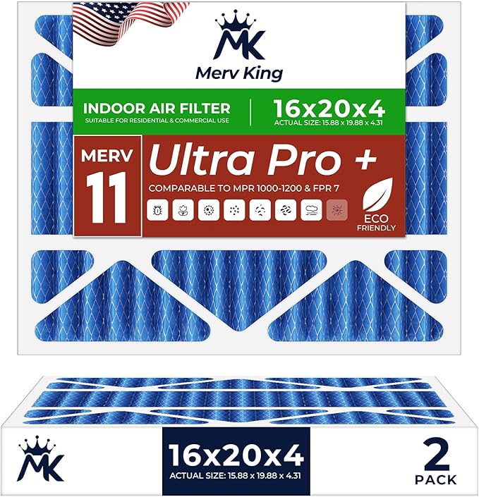 MervKing 16x20x4 Air Filter Actual Size: 15.88" x 19.88" x 4.31" MERV 11 MPR 1000-1200 | MADE IN USA | 2-Pack | Pleated HVAC AC Furnace Replacement