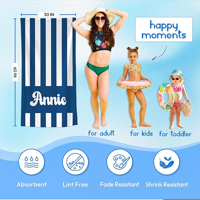 JML Personalized Beach Towel with Name, Custom Cabana Stripe Beach Towel, Customized Microfiber Pool Towel, Quick Dry & Absorbent Swim Towel for Adult,Mother's Day, Birthday, Summer Holiday,Vacation-FlexoryFit