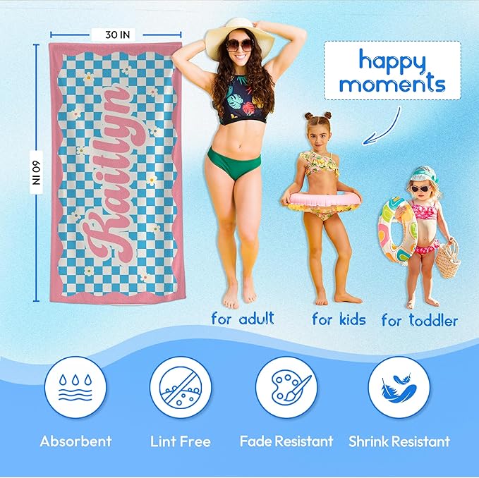 JML Personalized Beach Towel with Name, Custom Flower Beach Towel, Customized Microfiber Pool Towel, Quick Dry & Absorbent Swim Towel for Adult,Mother's Day, Birthday, Summer Holiday,Vacation-FlexoryFit