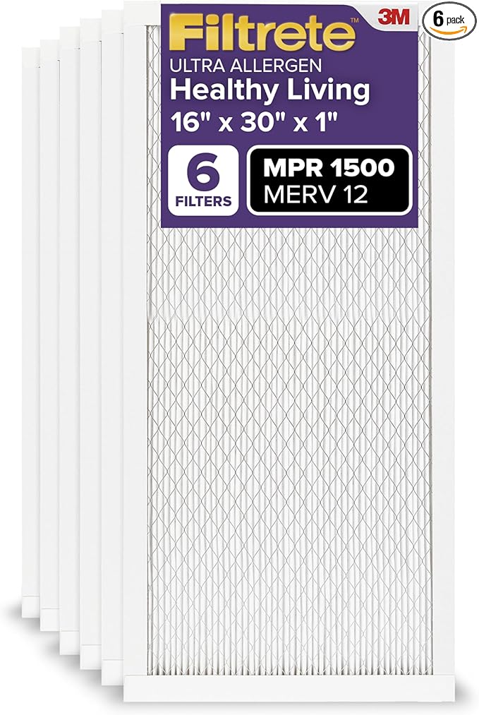 Filtrete 16x30x1 AC Furnace Air Filter, MERV 12, MPR 1500, CERTIFIED asthma & allergy friendly, 3 Month Pleated 1-Inch Electrostatic Air Cleaning Filter, 6-Pack (Actual Size 15.81x29.81x0.78 in)