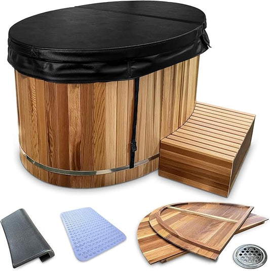 Premium 62-in. Oval Cedar Wood Cold Plunge and Hot Tub with Stainless Steel Interior, Wooden Step, Foldable Thick Cover, Headrest, and Barrel Hoop for Indoor and Outdoor Recovery Use – Tub Only