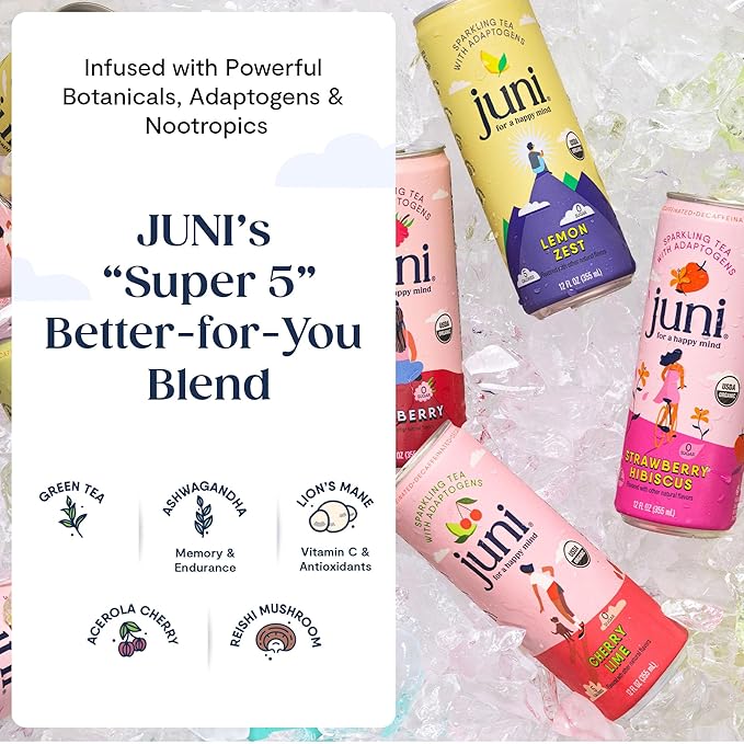 Juni Sparkling Adaptogen Drink with Ashwagandha, Lion's Mane & Reishi Mushrooms | Green Tea for Focus | Zero Sugar, 5 Calories | All Flavors 24-Pack-FlexoryFit