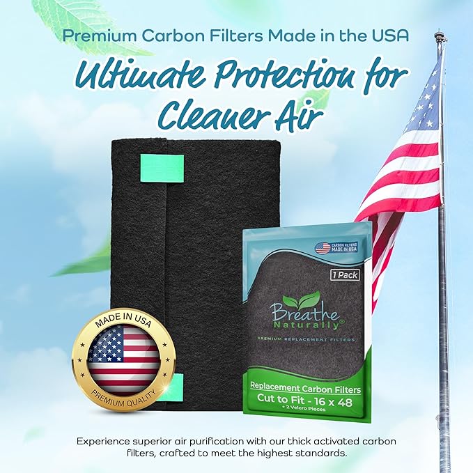 Breathe Naturally Universal Cut to Fit Carbon Activated Air Filter - Replacement Charcoal Filters - Pre Filter Carbon Sheet for Air Purifier, Vent Filters & More - Made in USA (Pack of 1, 16x48)