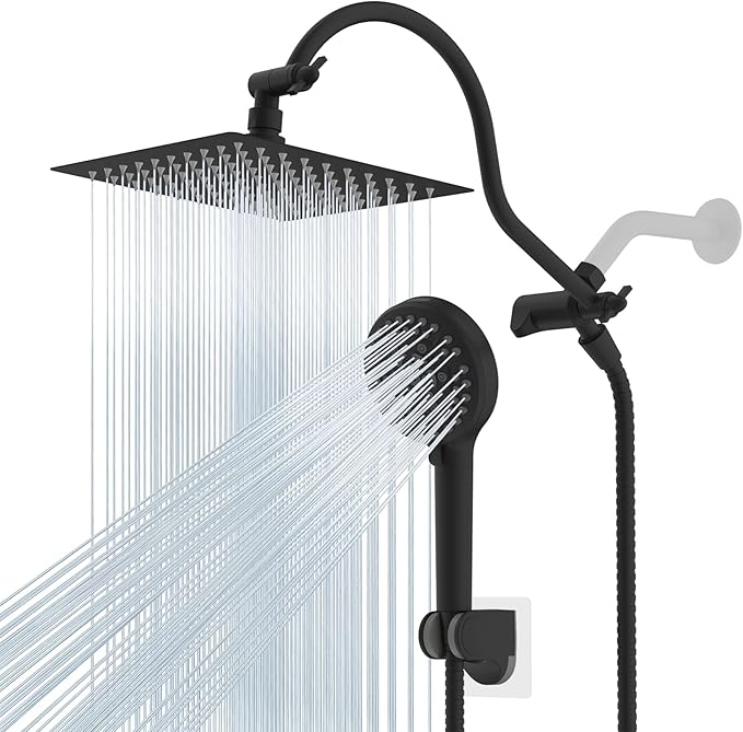 Hibbent All Metal Shower Head, 8'' High Pressure Rainfall Shower Head, Handheld Showerhead Combo with 12'' Adjustable Curved Extension Arm, 10-Spray, 71'' Hose, Adhesive Showerhead Holder, Matte Black