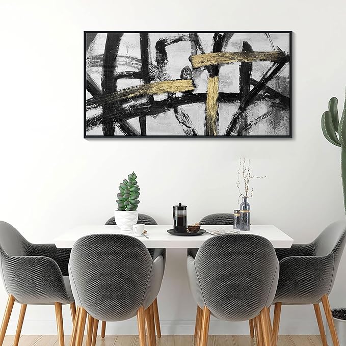 CHATYOUNG Large Framed Wall Art, Black and White Gold Graffiti Modern Abstract Paintings Hand Drawn Textures Canvas Prints Wall Pictures for Bedroom Living Room Office Decor 24 x 48 In