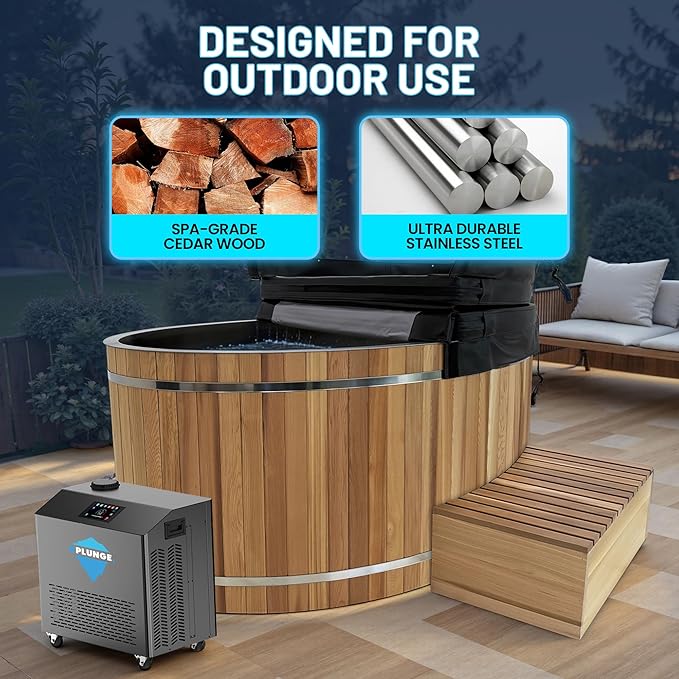 Premium 62-in. Cedar Wood Cold Plunge and Hot Tub with 1HP Chiller and Heater | Stainless Steel Tub with Wooden Step, Foldable Cover, Headrest, and WiFi App Control Chiller for Indoor/Outdoor Use
