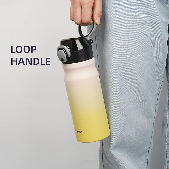 Insulated Water Bottle with Straw and Carry Loop,18 oz Stainless Steel Double Wall Vaccum Metal Water Flask with Leak-proof Lid,Lemon-FlexoryFit