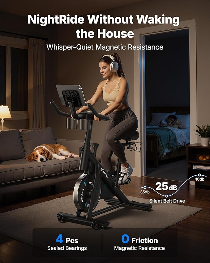 MERACH Exercise Bike, Brake Pad Stationary Bike with Exclusive App, Low Noise Indoor Cycling Bike with 300lbs Weight Capacity, Tablet Mount and Fitness Courses for Weight Loss-FlexoryFit