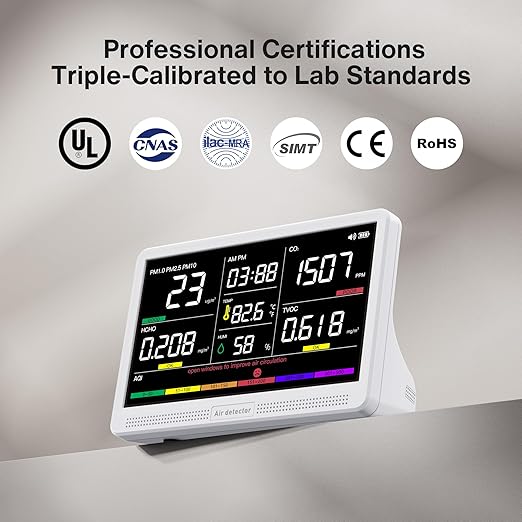 bonoch 16 in 1 Air Quality Monitor Indoor 7" Display 9 AQI+7 AQI Alerts Air Quality Tester for CO2, TVOC, PM2.5 PM1.0 PM10, HCHO, Temperature Humidity AQI & Time, Air Quality Meter for Home-White