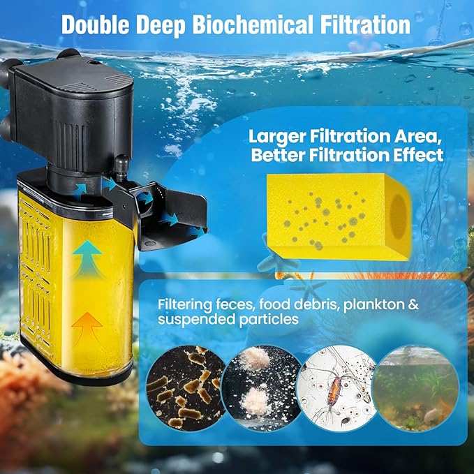Aquarium Filter for 20-50 Gallons, Ultra-Quiet Fish Tank Filters Biochemical Filtration 200GPH Powerful Pump Submersible Sponge Filter for Large Fish & Turtle Tanks Water Clear Air Supply (13W)
