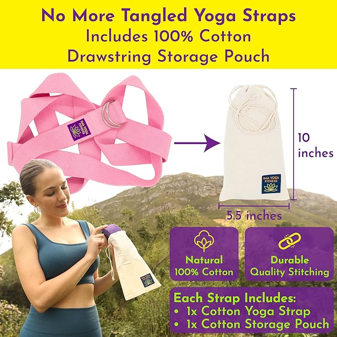Adaptive Yoga Strap, Stretching Strap, 2 Inches Wide, 100% Naturally Soft Cotton, Steel D-Rings, Includes Natural Cotton Drawstring Storage Pouch and Instructional E-Book-FlexoryFit
