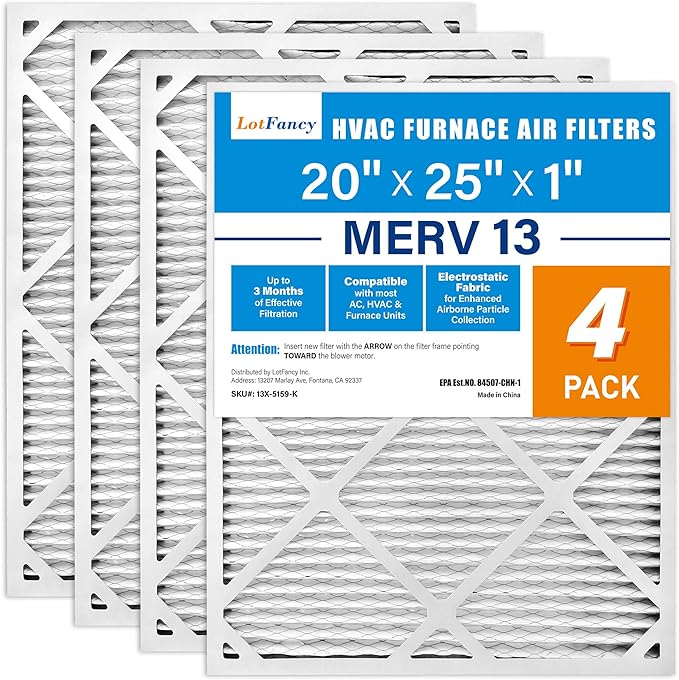 LotFancy 20x25x1 Air Filter MERV 13 Pet Smoke Smog Allergens Defense (4-Pack) Pleated HVAC Furnace Air Filters, Replacement for Home AC & Heating Systems, Actual Size: 19.75" x 24.75" x 0.75"