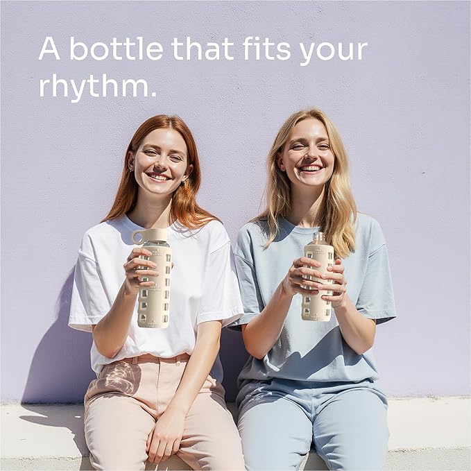 purifyou 40oz / 32oz / 22oz / 12oz Borosilicate Glass Water Bottle with Time & Volume Markers, Silicone Sleeve, Stainless Steel Lid | Reusable Glass Bottle for Water & Juice (12oz Pearled Ivory)