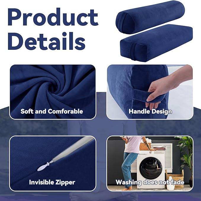 ROYALAY 2 Pcs Yoga Bolster Pillow for Restorative Yoga, Rectangular and Cylinder Meditation Pillow Set with Carrying Handles, Supportive Cushion for Exercise Workout Stretching Meditation,Dark Blue-FlexoryFit